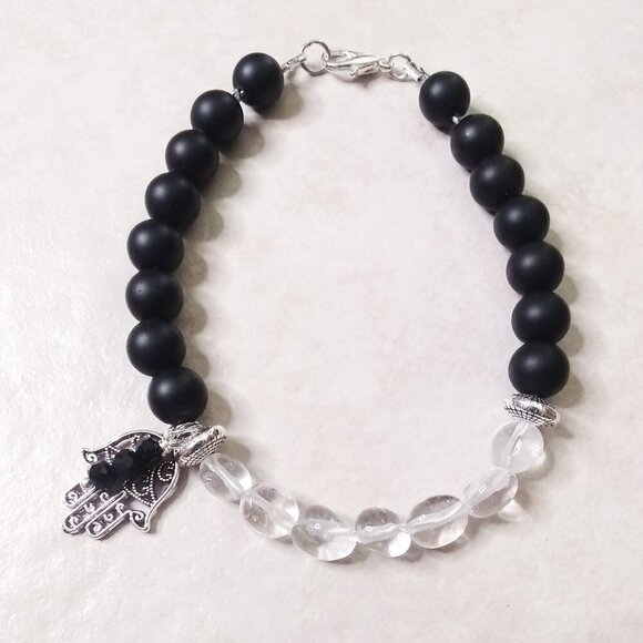 Positivity - Faith - Blessings! Hamsa Hand + Quartz - Black Stone Bracelet - Picture 1 of 7